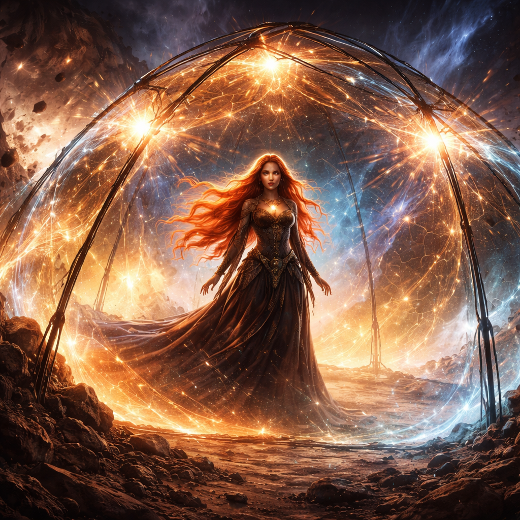 Art Style: A fusion of "Mystical Sci-Fi" and "Cinematic Fantasy Concept Art." The look should be detailed, textured, but dominated by glowing energy effects. Think Dune meets high-fantasy magic.
The Subject: A woman with incredibly long, fiery red hair. Her hair isn't just resting; it appears almost weightless, billowing slightly around her as if charged with static electricity or magic, glowing with a faint internal copper light.
The "Tent" (The Force Field): She is inside a structure that resembles the frame of a large expedition tent. However, instead of fabric, the spaces between the poles are filled with a shimmering, translucent energy barrier.
Appearance: The field is a dome of rippling, geometric light patterns (amber, gold, and electric blue) that hum with power. It looks solid yet transparent.
The Action (The Protection): The force field is actively working. Outside the tent, a fierce, dark environmental threat—perhaps a swirling dust storm full of jagged rocks, or shadowy, ethereal creatures—is bombarding the outside of the dome.
The Impact: Where the threat hits the tent, the energy field flares brightly, sending out crackling sparks of light, deflecting the danger completely.
Atmosphere & Setting: The interior of the tent is calm and warmly lit by the energy field, while the outside is chaotic and dark. The setting is a rugged, alien canyon at twilight.