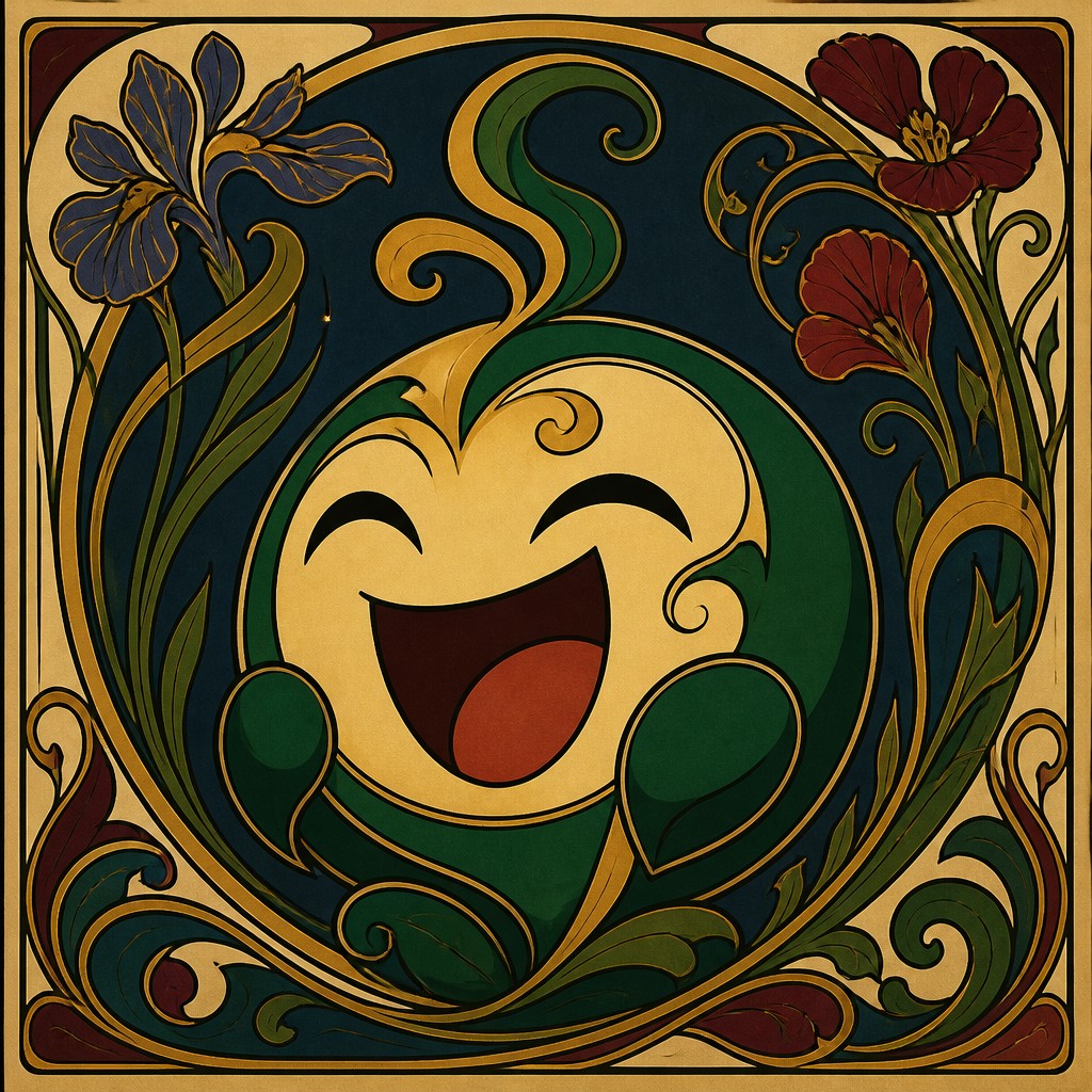 an exaggerated laughing face of an original round mascot character, bold and readable at small size, plain background, no text