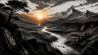 a vast valley with a river winding toward distant mountains at sunrise, no people, no text