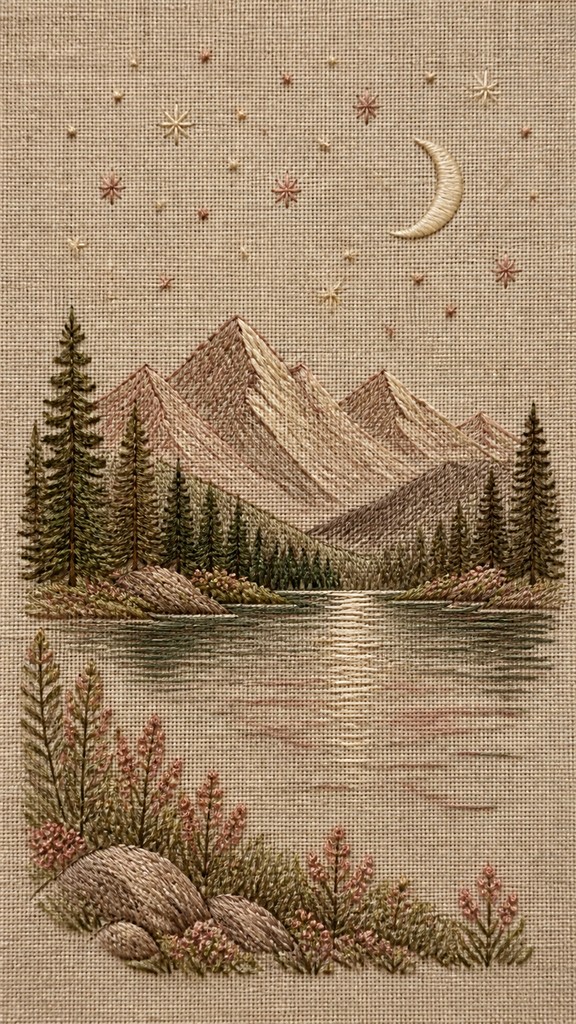 a tranquil mountain lake beneath a starry night sky, no people, no text