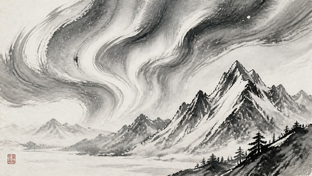 a flowing aurora over snowy peaks, wide sweeping composition, no people, no text
