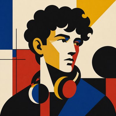 head-and-shoulders portrait of an original character: a young man with curly dark hair and headphones around his neck, plain backdrop, no text