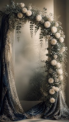 an arch of white roses and eucalyptus in soft morning light, elegant vertical composition with open space, no text