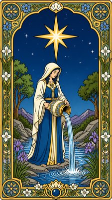 a robed figure pouring water beneath a large eight-pointed star in a night sky, symmetrical composition with an ornate decorative border, no text