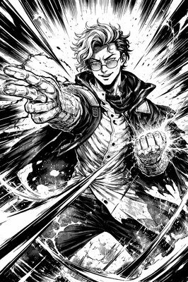 a black and white drawing of a man with glasses