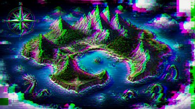 a map of an island realm with mountains, forests, a sheltered bay, sea monsters in the water and a compass rose, no text labels