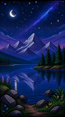 a tranquil mountain lake beneath a starry night sky, no people, no text