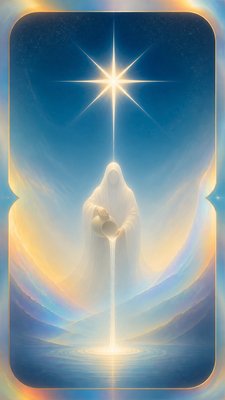 a robed figure pouring water beneath a large eight-pointed star in a night sky, symmetrical composition with an ornate decorative border, no text