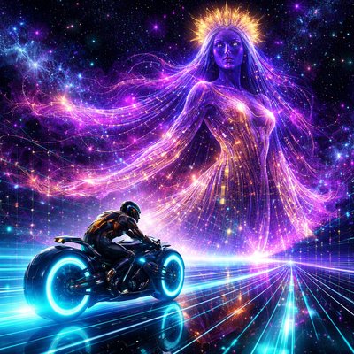 Neon-Futurism Digital Art Style, "Tron" Legacy Aesthetic, Bioluminescent and Geometric. A sleek, futuristic scene set against the digital void of deep space.

The Rider and Machine: A lone rider on a low-slung, futuristic light-sportbike speeds along. The bike has hubless wheels that glow with intense cyan light, leaving a solid ribbon trail of light behind it. The rider wears a full-coverage, armored future-suit with a sleek, integrated helmet, outlined in glowing orange and blue piping.

The Path (The Ecliptic): They are riding on the Ecliptic, rendered as a translucent, multi-lane highway of flowing data streams and laser grids stretching infinitely into the cosmos.

The Constellation (Honorable Virgo): Dominating the background is the immense, celestial avatar of Virgo. She is starry and is draped in voluminous, flowing robes woven from glowing violet and gold circuit patterns and data tapestries. She wears a stylized digital crown or halo representing wheat stalks. She is a dignified, colossal queen of light, looking down calmly at the rider passing her domain.

Atmosphere: The background is a dark grid of space filled with geometric nebulae and distant, pixelated stars. The lighting is entirely sourced from the glowing neon elements.