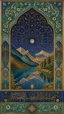 a tranquil mountain lake beneath a starry night sky, no people, no text