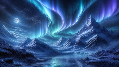 a flowing aurora over snowy peaks, wide sweeping composition, no people, no text