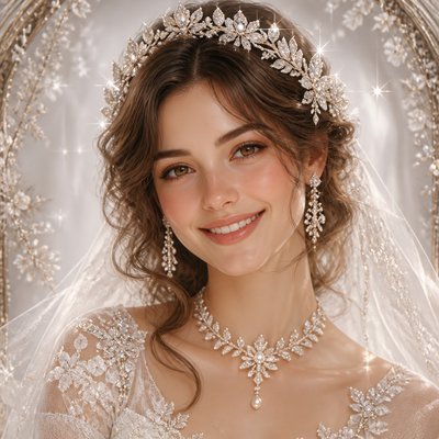 head-and-shoulders portrait of an original character: a young woman with wavy chestnut hair and a warm smile, plain soft backdrop