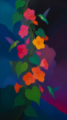 a climbing vine of flowers and hummingbirds on a dark background, tall wrapping composition, no text