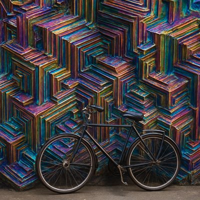 bicyle resting against a wall