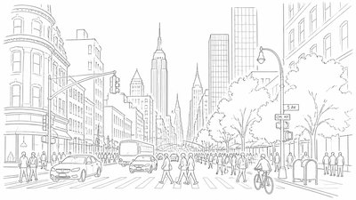 bustling city street panorama at dusk