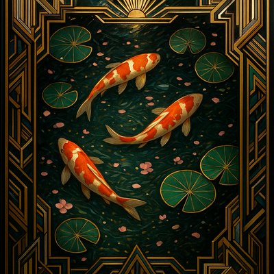 A koi pond seen from above, orange and white koi fish swimming among lily pads, clear water with subtle ripples, fallen cherry blossom petals floating on the surface, dappled sunlight