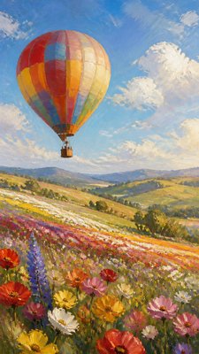 a hot air balloon drifting over rolling flower fields on a sunny day, cheerful, no text