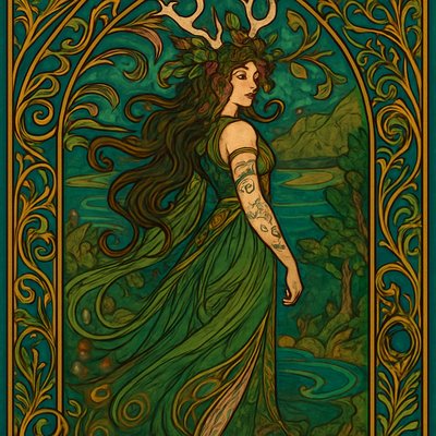 a painting of a woman in a green dress