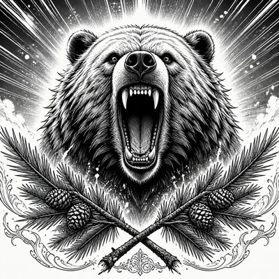 a roaring bear head above crossed pine branches, bold graphic composition on a plain background, no text