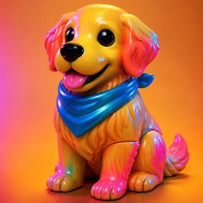 portrait of a golden retriever wearing a blue bandana, warm plain backdrop, no text