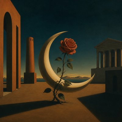a rose entwined with a crescent moon, clean balanced composition on a plain background, no text