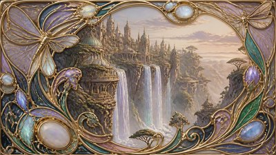 a cliffside city with waterfalls cascading into a misty canyon, wide establishing shot, no people, no text