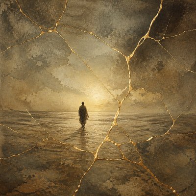 a solitary figure walking toward a glowing horizon across an empty plain, moody atmosphere, no text or lettering