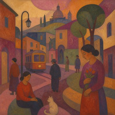 urban street with city activity — Synthetism Art Style