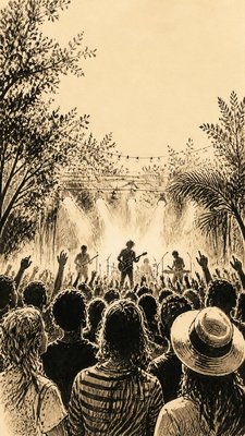 a live music scene with a glowing stage and silhouetted crowd, energetic vertical composition with open space at the top, no text