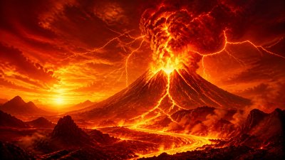 an erupting volcano with lightning strikes, dramatic wide composition, no text
