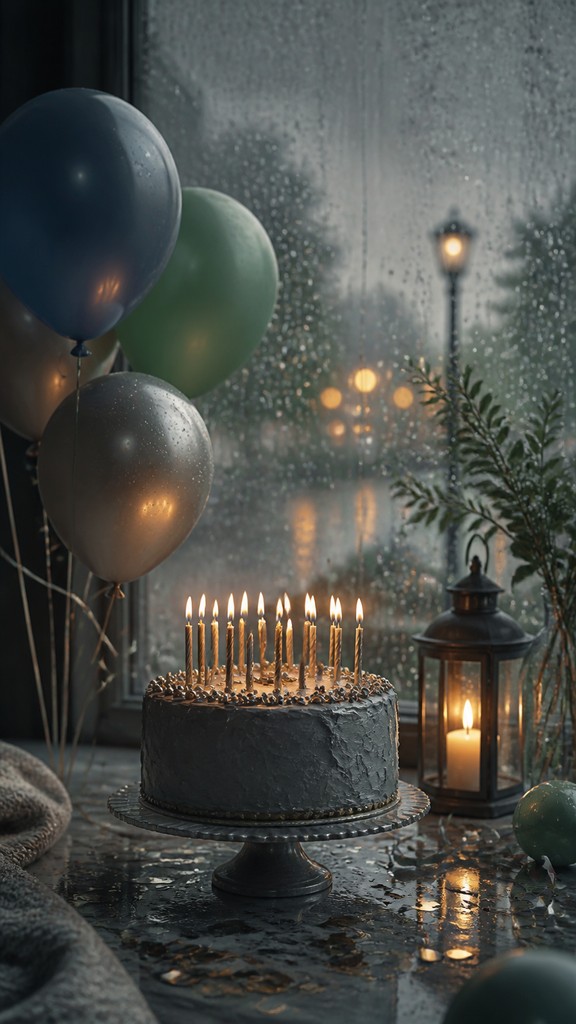 a birthday cake with lit candles surrounded by balloons and confetti, festive vertical composition, no text