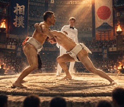 two sumo wrestlers are fighting in a ring