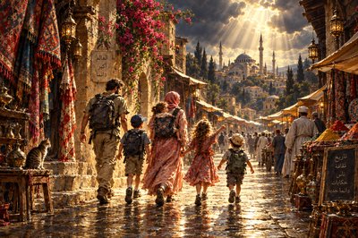 a painting of people walking down a street
