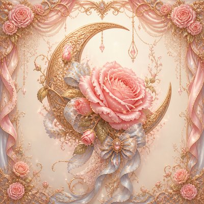 a rose entwined with a crescent moon, clean balanced composition on a plain background, no text