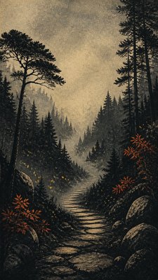 a mysterious forest path with fireflies and drifting mist, atmospheric vertical composition with open space at the top, no text