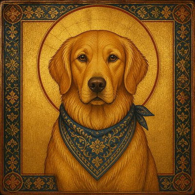 portrait of a golden retriever wearing a blue bandana, warm plain backdrop, no text