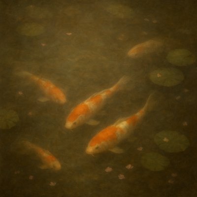 A koi pond seen from above, orange and white koi fish swimming among lily pads, clear water with subtle ripples, fallen cherry blossom petals floating on the surface, dappled sunlight