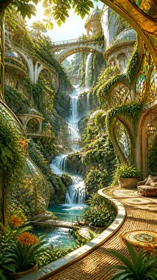 a cascading waterfall in a lush green gorge, no people