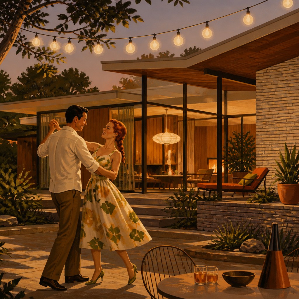 an original couple dancing under string lights in a garden at dusk: a man with short black hair in a linen shirt and a woman with braided red hair in a summer dress