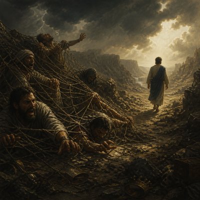 “Let the wicked fall into their own nets, whilst that I withal escape.” (Psalms 141:10, KJV)
“Sinners shall fall by their own net: I am alone until I shall escape.” (Psalms 141:10, Brenton eSword)
Combine these into one unified illustration without words. 