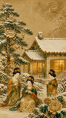 a snow-covered cottage with warm glowing windows beside a decorated pine tree, gentle snowfall, no text