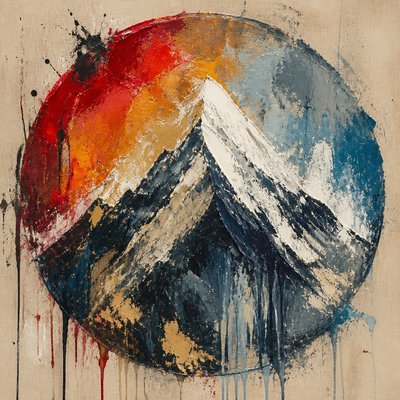 an emblem of a mountain peak inside a circle, simple bold shapes on a plain background, no text or lettering