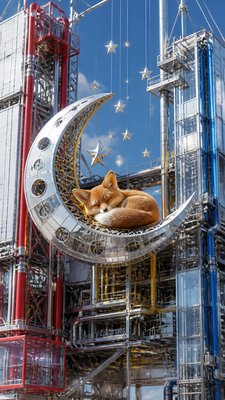 a sleeping baby fox curled on a crescent moon among soft stars, gentle and warm, no text