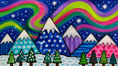 a flowing aurora over snowy peaks, wide sweeping composition, no people, no text