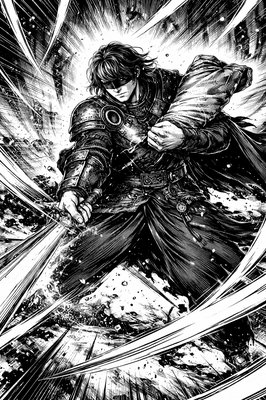 a black and white drawing of a man holding a sword