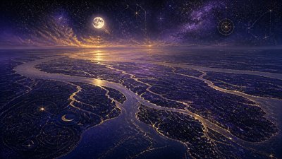 a wide river delta seen from above at sunset, no people