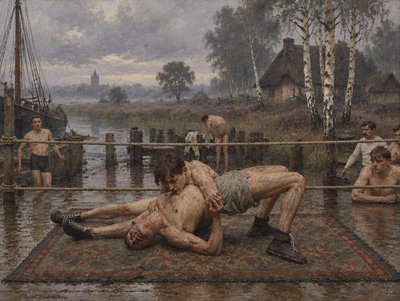 a painting of two men wrestling on a rug