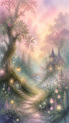 a mysterious forest path with fireflies and drifting mist, atmospheric vertical composition with open space at the top, no text