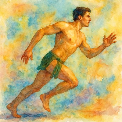 a painting of a man running with no shirt on