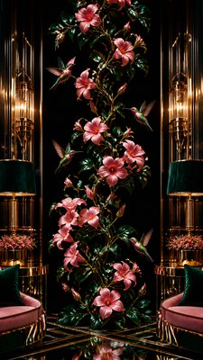 a climbing vine of flowers and hummingbirds on a dark background, tall wrapping composition, no text